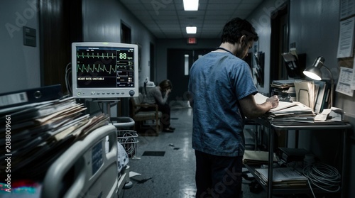 Healthcare Professional Attends To Medical Equipment In A Dimly Lit Hospital Corridor