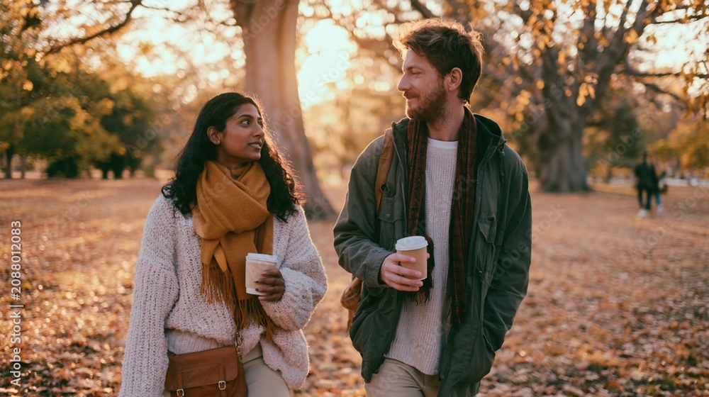 Fototapeta premium Interracial friends walking through autumn park with coffee