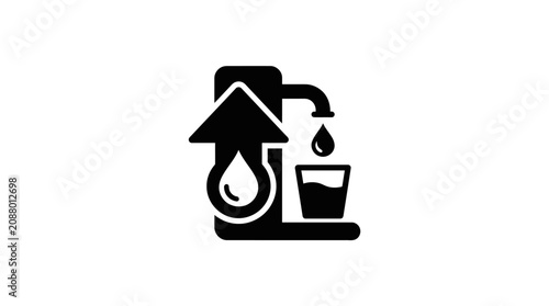 Black and white minimalist vector icon representing a water dispenser increasing hydration levels or filling a glass with fresh clean liquid