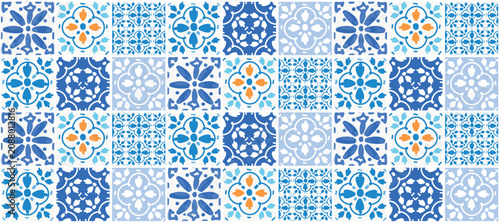 Mediterranean seamless pattern. Vector illustration blue Italian tiles, ceramics, pattern, mosaic, ornament 