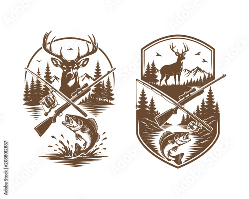 Deer Hunting and Fishing Vintage Badge Vector Illustration Outdoor Adventure Design