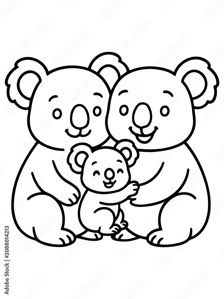 Obraz premium Cute Koala Family Illustration: A heartwarming cartoon illustration depicts a koala family – two parents and a baby – snuggled together affectionately, showcasing love and togetherness.