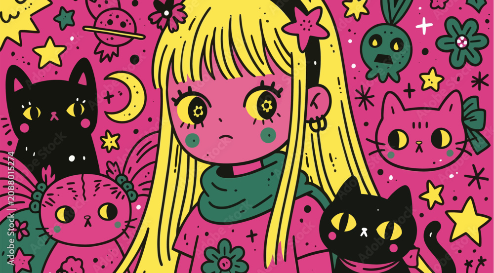 Fototapeta premium A whimsical illustration of a girl surrounded by cosmic elements and playful creatures.