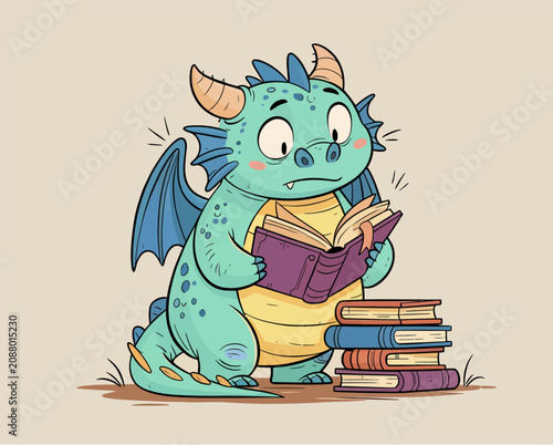 Принти на полотні A charming illustration of a young, turquoise dragon engrossed in a book