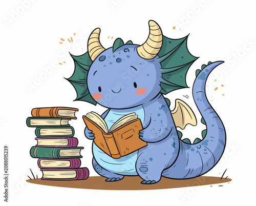 Billede på lærred A charming illustration of a young blue dragon engrossed in a book