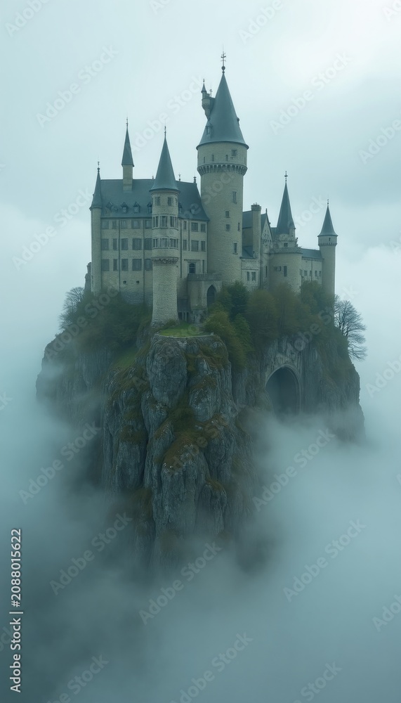 Obraz premium Ancient stone castle sits on rocky cliff above dense morning fog. Majestic medieval fortress towers over misty landscape mountain valley. Serene fairy tale palace building remains isolated on high