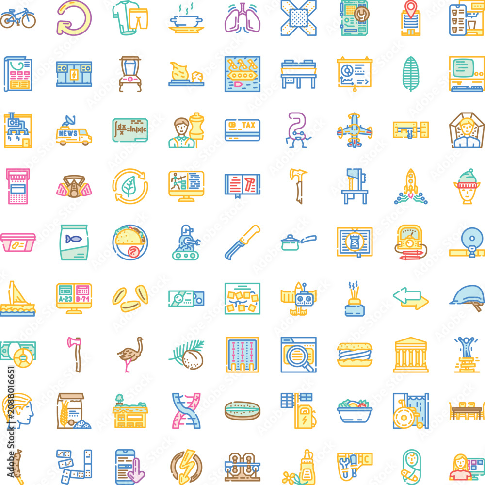 Fototapeta premium Collection of colorful outline icons representing a wide range of subjects, from everyday objects and activities to abstract ideas and modern technology, useful for web design and applications