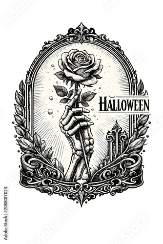 Gothic Halloween engraving of a skeleton bony hand holding a rose flower inside a vintage baroque mirror frame