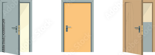 Three Doors, Many Choices: Three distinct doors – one ajar, one closed, and one partially open – present a visual metaphor for the multitude of opportunities and decisions one faces in life.