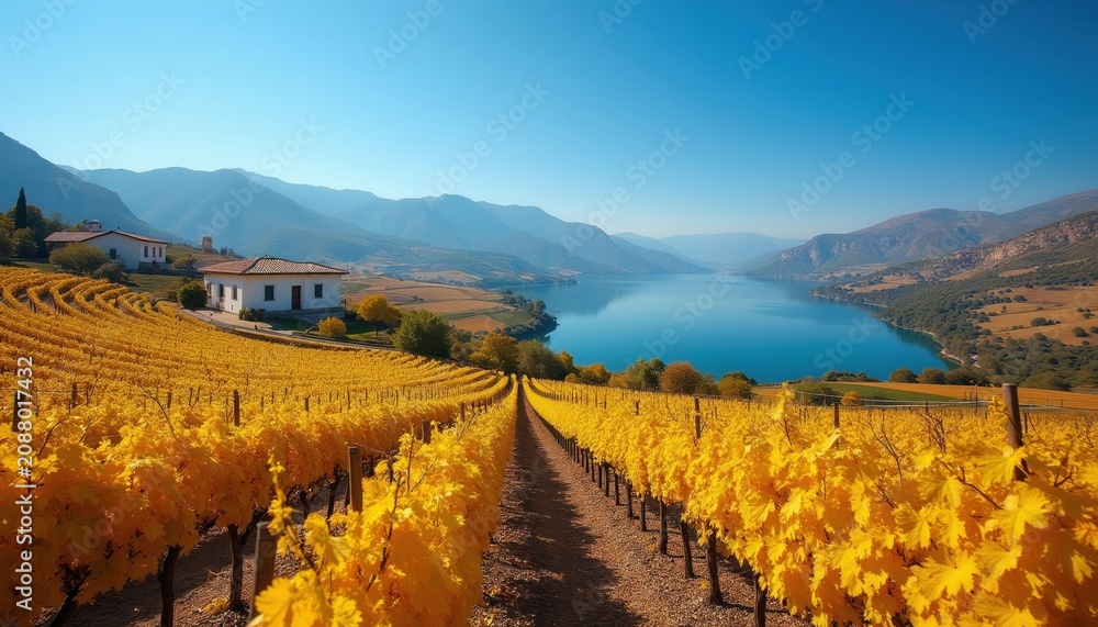Obraz premium Golden vineyard rows stretch towards a bright blue lake and distant mountains. White houses sit on a green hill overlooking the water. Autumn foliage colors the landscape under a clear sky.