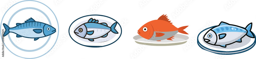 Fototapeta premium A minimalist flat vector icon of a fresh fish on a plate features solid colors, clear outlines, and is set against a white background in a UI/UX style