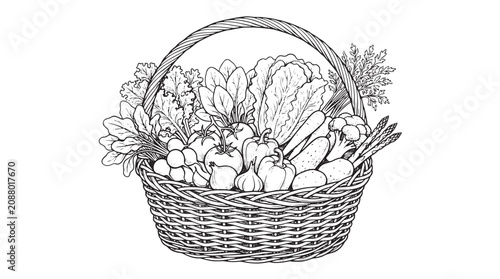 Fotografía Vintage vegetable basket illustration, hand drawn garden harvest sketch, rustic