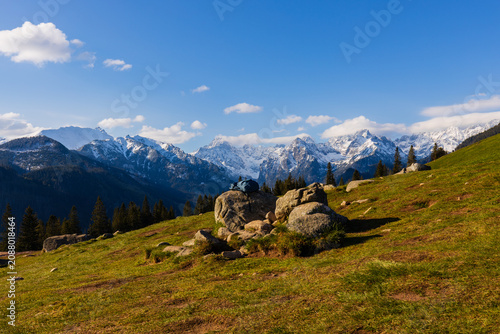 Rocky Meadow and Snowy Tatra Mountains at Rusinowa Polana, Poland