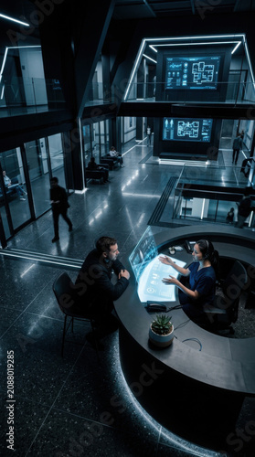 Futuristic Corporate Lobby With Digital Displays And Interactive Desk