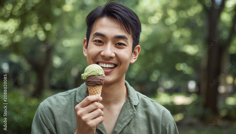 Fototapeta premium 木漏れ日が差し込む緑豊かな公園で抹茶アイスを持つ男性の笑顔