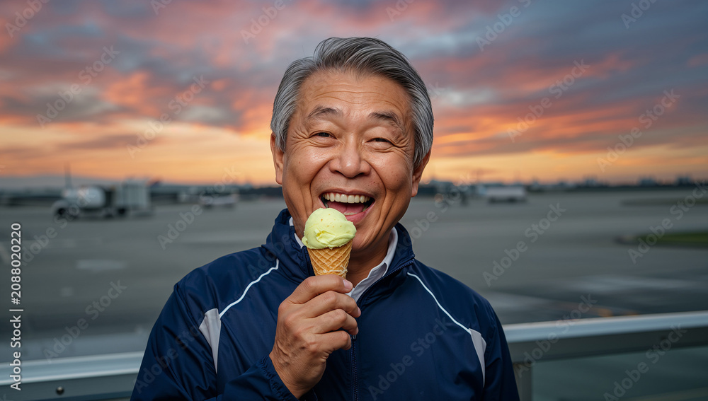 Fototapeta premium 夕焼けが美しい空港の展望デッキでライムシャーベットを食べるシニア男性