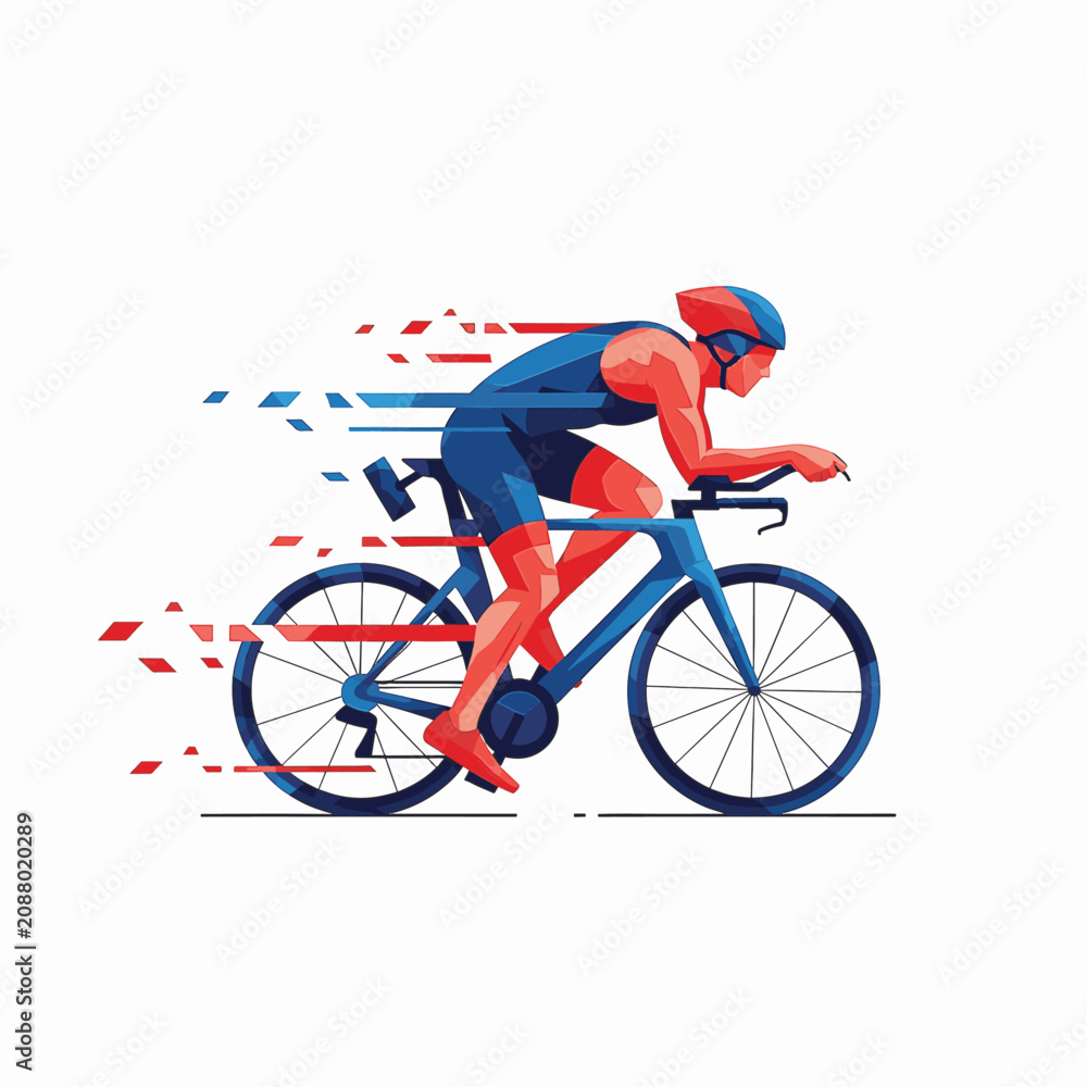 Fototapeta premium Geometric vector illustration of a male triathlete in a blue and red suit riding a time trial bicycle in an aerodynamic position, featuring motion speed lines on a white background.