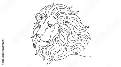 Minimalist lion head line art, continuous one line drawing of a majestic lion with flowing mane, black and white animal vector illustration for logo design