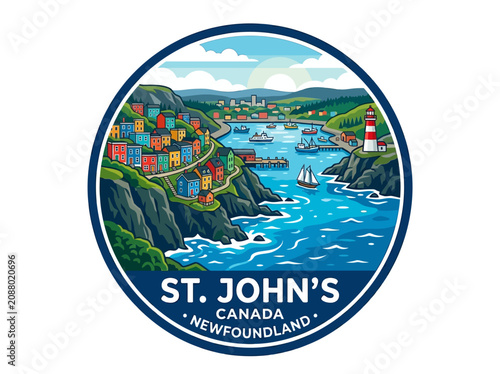 Scenic vector illustration of St. John's, Canada, a charming Newfoundland harbor town with vivid architecture and a guiding lighthouse.