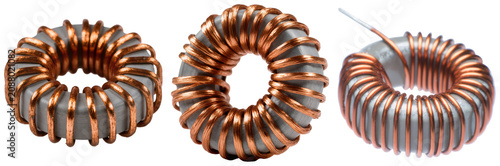 Bilde på lerret Three toroidal inductors with copper windings on grey cores, isolated on a white background