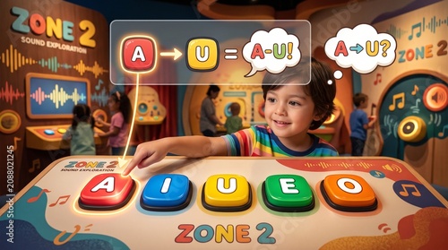 Little boy interacting with a colorful phonics and sound exploration exhibit at a children's science museum.
