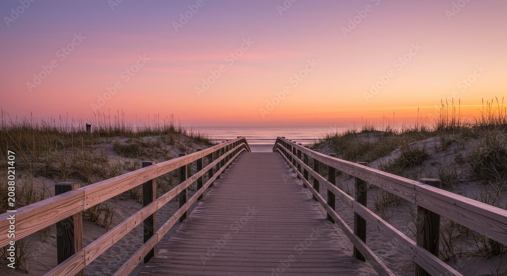 Fototapeta premium A serene wooden boardwalk leads through beach grass to the calm ocean at sunset.