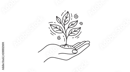 Minimalist line art sprout in hand vector, hand holding growing plant illustration, eco friendly sustainability concept icon for organic branding