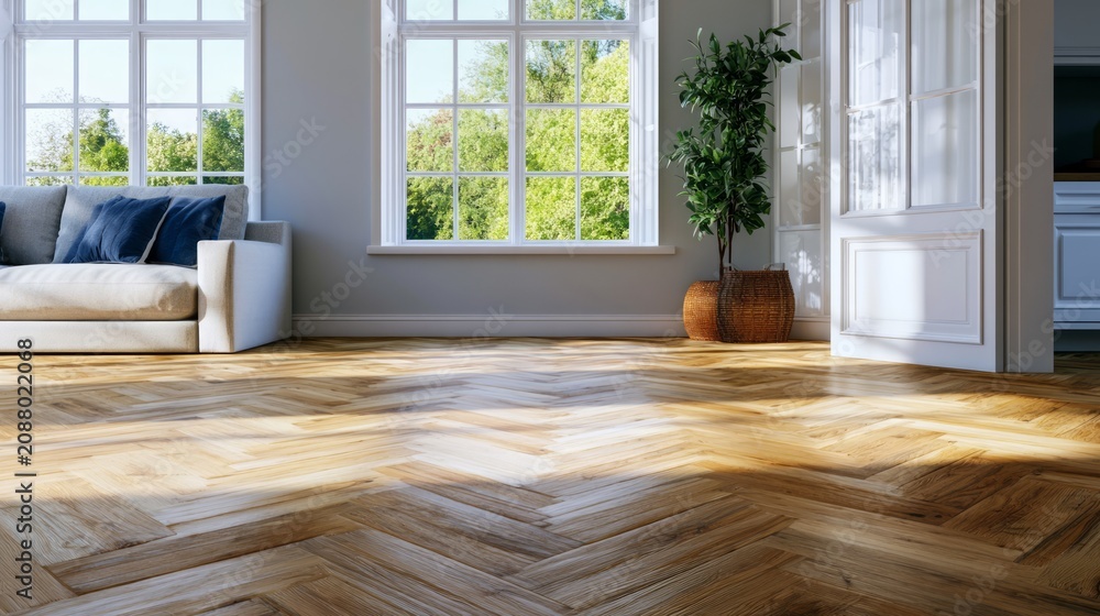 Fototapeta premium Elegant Parquet Flooring in Bright Sunlit Room with Modern Sofa and Greenery Outside Window