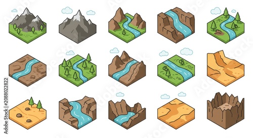 A collection of 3D isometric illustrations depicting various mountainous landscapes with rivers and cliffs in different environments.