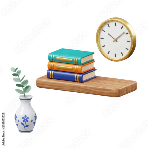 Stack of colorful books on wooden shelf with wall clock and ceramic vase 3d render object.