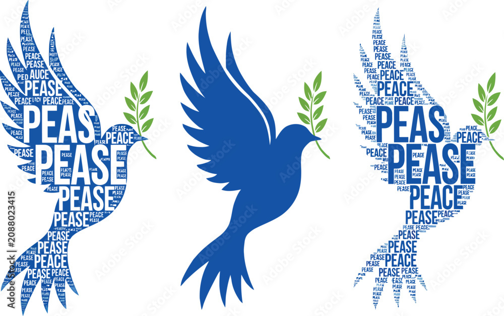 Fototapeta premium Three doves of peace, two made of text and one solid blue, with olive branches, isolated on a white background, set