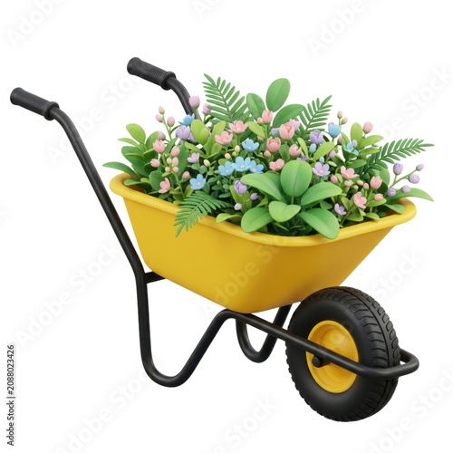 Yellow wheelbarrow filled with colorful flowers and greenery on transparent background.