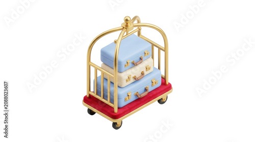 Hotel luggage cart with stacked colorful travel suitcases in isolated isometric 3d style.