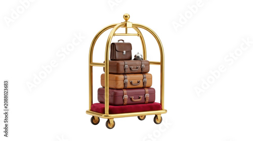 Golden hotel luggage cart carrying brown vintage suitcases and silver reception desk bell.