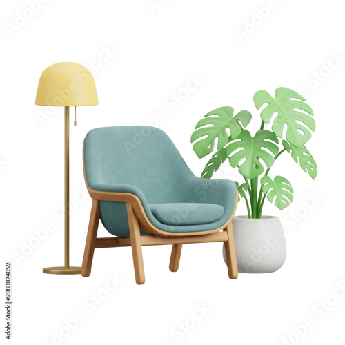 Modern living room furniture set featuring teal armchair floor lamp and potted house plant.