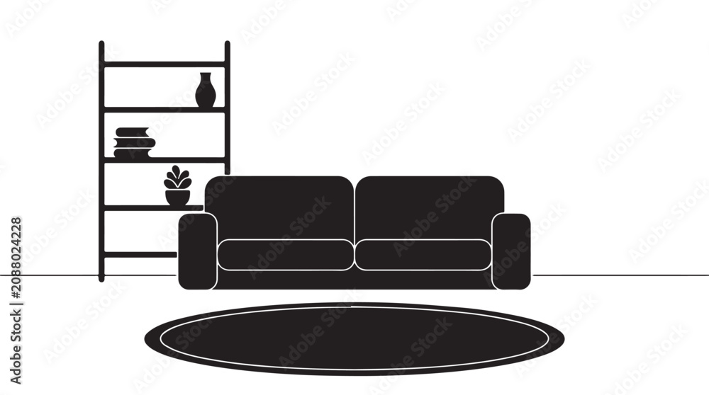 Fototapeta premium Minimalist Black and White Living Room Interior Illustration with Sofa and Bookshelf Silhouette