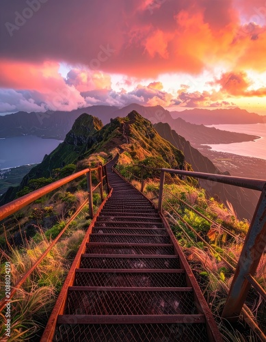 A dramatic sunset illuminates the sky over a mountain ridge with a steep metal staircase.