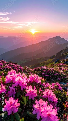 Vibrant pink rhododendrons bloom on a mountainside at sunset.