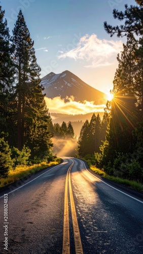 A scenic road winds through a forest towards a snow-capped mountain bathed in golden sunlight.
