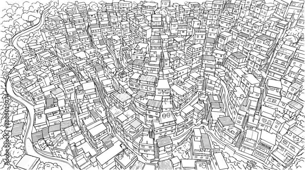 Obraz premium Densely Populated Hillside Favela Line Art Illustration