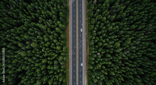 Aerial view of a road cutting through a dense forest with trees on both sides