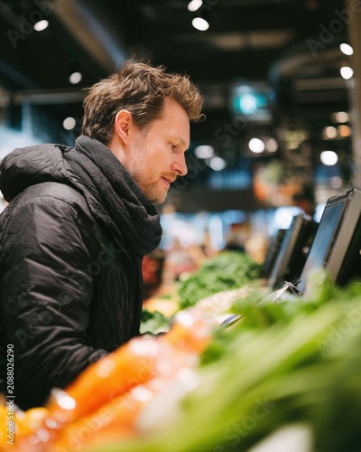 Man shopping for fresh produce at grocery store, making choices for healthy eating