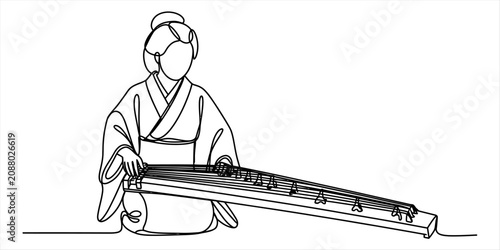 Fotografie Woman wearing kimono playing koto string instrument in continuous single line ar
