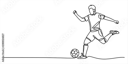 Cuadro en lienzo Continuous single line drawing of a male soccer player kicking a ball during a m