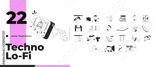 Cute everyday and Y2K digital 2D line objects pack. Desktop windows. Pet fish and cat. Retro inspired gadgets isolated cliparts vector outline items. Monochrome spot illustrations collection