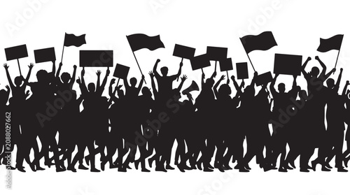 Silhouettes of people marching in protest with flags and signs for social justice demonstration.