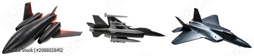 Photos Three different types of military aircraft, including a stealth bomber, a fighter jet with missiles, and a modern fighter jet, isolated on a white background