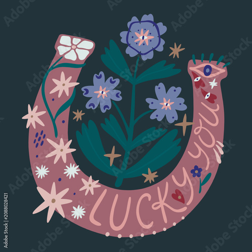Groovy vector logo featuring lucky horseshoe decorated with vibrant wildflowers and greenery in a charming cowboy western and folk style
