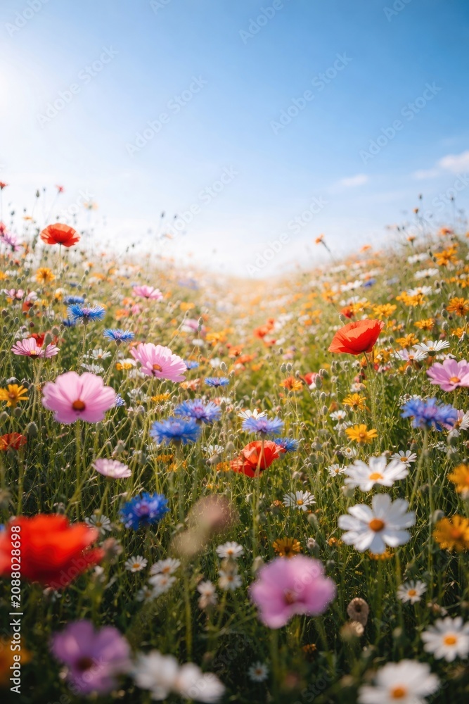 Fototapeta premium Vibrant wildflowers under clear sky.