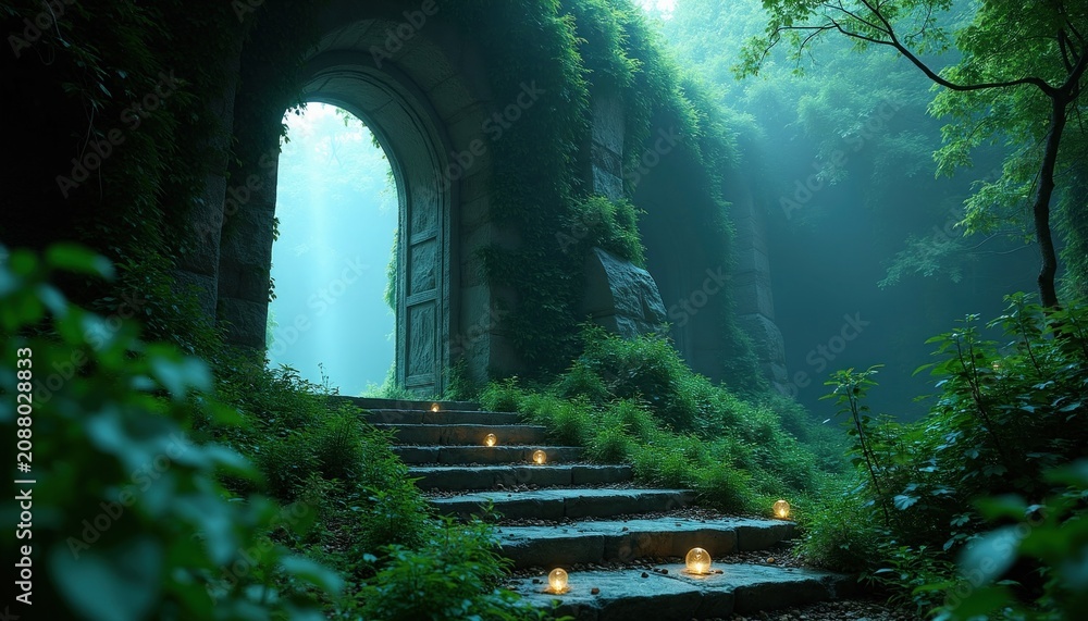 Obraz premium Old stone arch door stands in dark forest. Stone stairs with small glowing lights lead into mysterious entrance surrounded by dense green vines, wild plants. Magical ancient portal path hides in